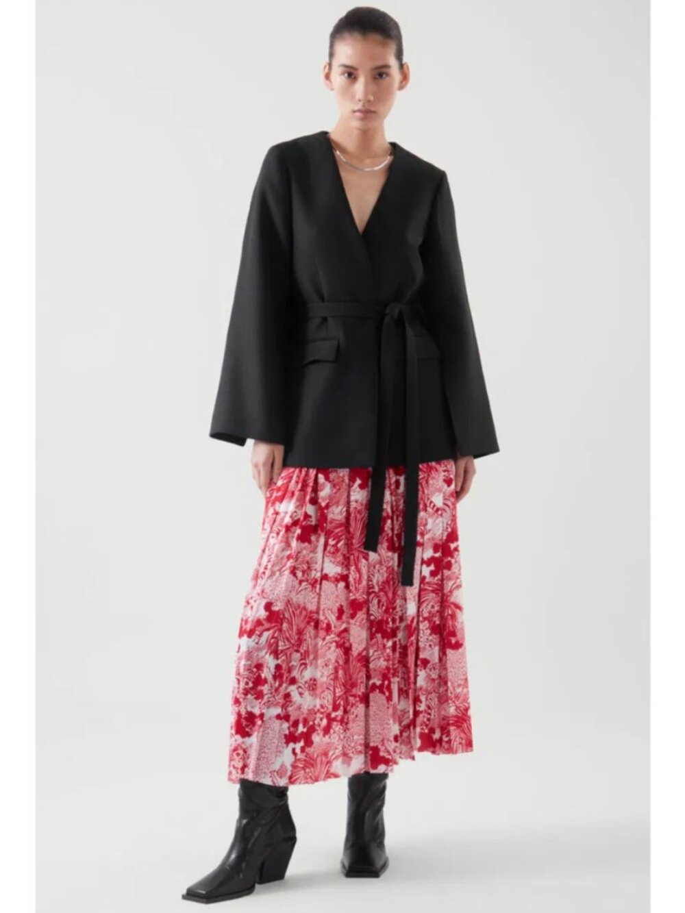 COS Pleated Midi Skirt in Vibrant Red Jungle Print